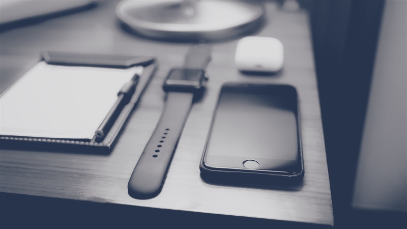 white, still life, office supply, apple watch, airpod, flat, speaker, watch, high angle view, aluminum, notepad, pen, technology, studying, black, no people