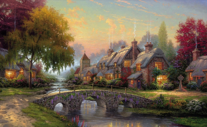 building, house, transportation, river, Artistic, painting, building exterior, built structure, tree, near, outdoors, lake, Bridge, sky, Kinkade, cobblestone