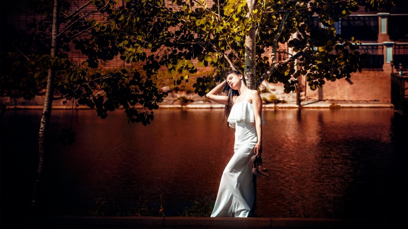 style, celebration, person, legs, girl in white dress, portrait, young adult, hand, emotions, young women, beautiful woman, golden, 5K, standing, wearing