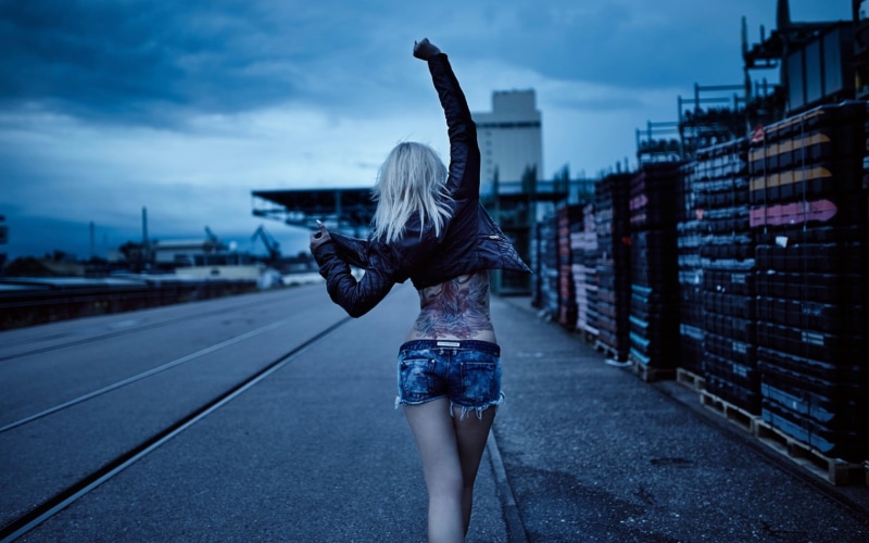 platinum blonde, architecture, 720P, women, long hair, human arm, young adult, jean shorts, nature, tattoo, city, jacket, sky, outdoors, cloud - sky, building exterior