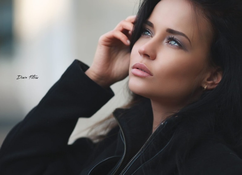 headshot, young women, face, long hair, jacket, Denis Petrov, focus on foreground, fashion, brown hair, zip, beautiful woman, women, black, one person