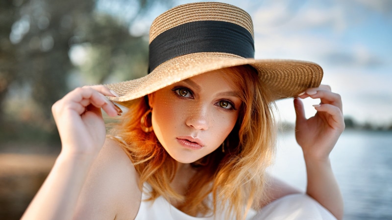 young women, long hair, one person, face, hairstyle, beautiful people, 720P, headshot, nature, outdoors, women, young adult, hat, s, brown, sun, redhead