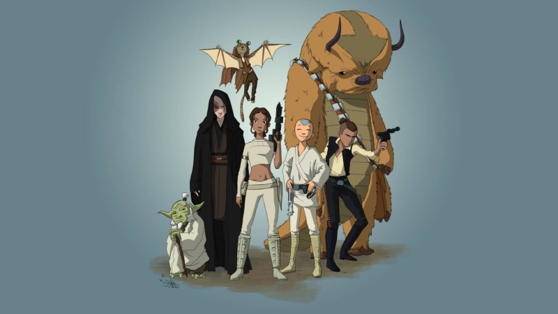 males, Jar Jar Binks, young adult, happiness, smiling, women, Avatar, blue background, group of people, Crossover, men, Aang, togetherness, mature adult