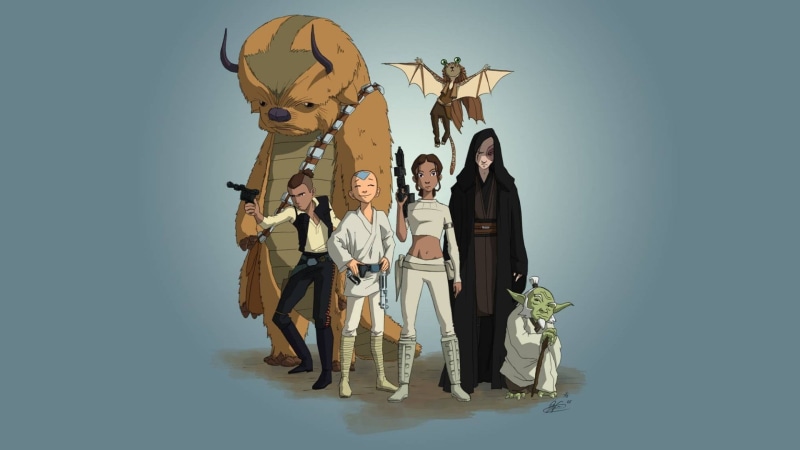 Star Wars, Momo (lemur), Aang, Avatar: The Last Airbender, 1080P, Yoda, digital art, Prince Zuko, Sokka, Katara, Han Solo, jar jar binks, Appa, General Iroh