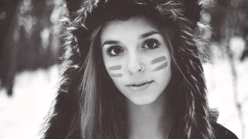 Fennek Suicide, looking at viewer, 1080P, fluffy hat, women, winter, face paint, monochrome, nose rings