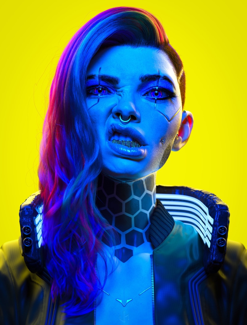 nose ring, 2K, juicy lips, yellow background, video game art, digital art, video games, pierced nose, teeth, video game girls, 3D, cyberpunk, digital painting