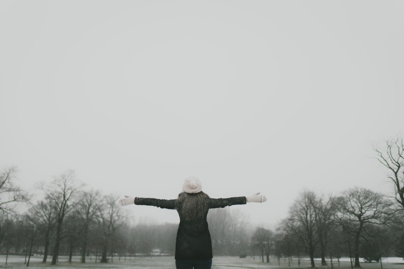 trees, hat, mist, arms raised, front view, outdoors, tree, snow, woman, black, happy, arms outstretched, plant, fog, women, 5K, long, human arm, near