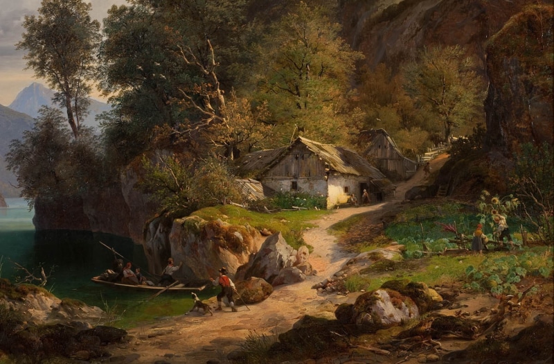 classic art, rock, cottage, pastoral, boat, painting, path, trees, 720P
