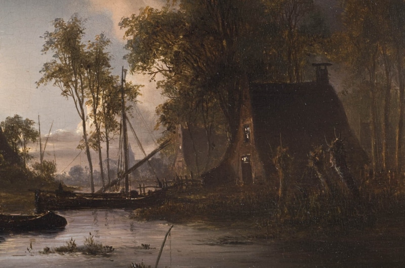 painting, classic art, boat, cottage, river, 720P, trees