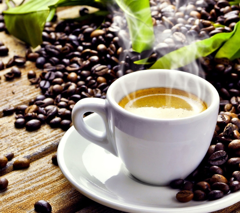 no people, caffeine, bean, latte, tables, green leaves, restaurant, coffee - drink, freshness, food, saucer, cup, 1080P, espresso, table, beverage, refreshment