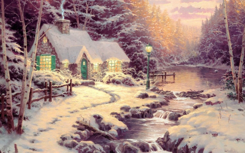 painting, birch, The evening light, river, forest, Evening Glow, evening, snow, Thomas Kinkade, cottage, ate, winter, picture, 2K, art