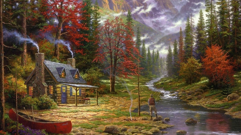 nature, Thomas Kinkade, water, flowing water, tranquil scene, plant, flowing, tree, no people, tranquility, fishing, Chimneys, growth, non-urban scene