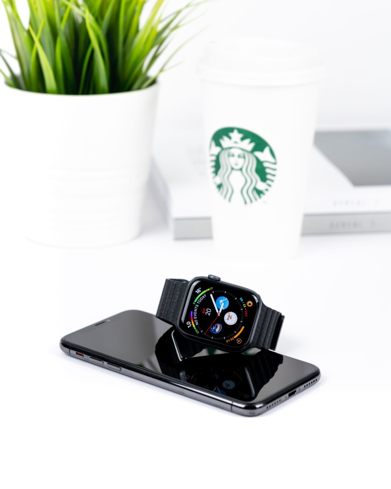 setup inspiration, close-up, setup, tech, top, group of objects, work, communication, white desk, watchface, indoors, photography themes, phone, modern