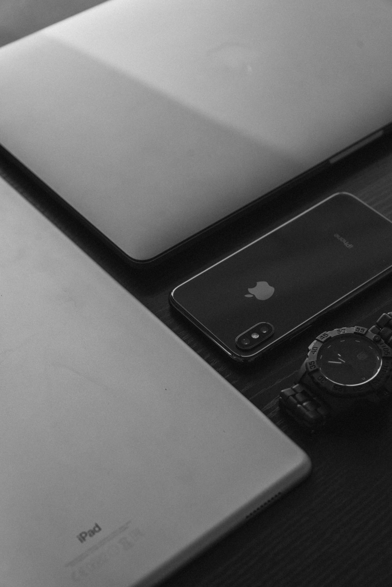 iphone x, still life, portable information device, monochrome, black and white, wristwatch, laptop, time, ipad pro, smart phone, number, macbook pro, analog