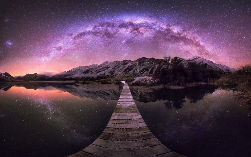 nature, reflection, Milky Way, starry night, landscape, 1080P, lake, long exposure, mountains, shrubs, New Zealand, walkway