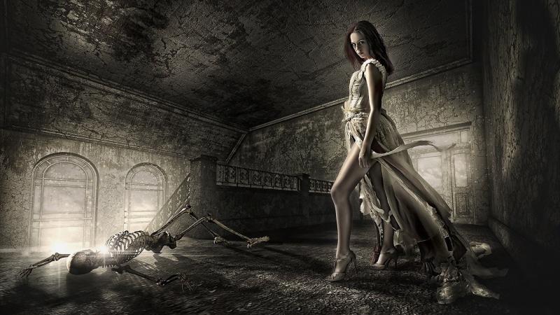 full length, beautiful woman, dead, long hair, model, people, women, 1080P, skull, young adult, photo manipulation, skeleton, building, adult