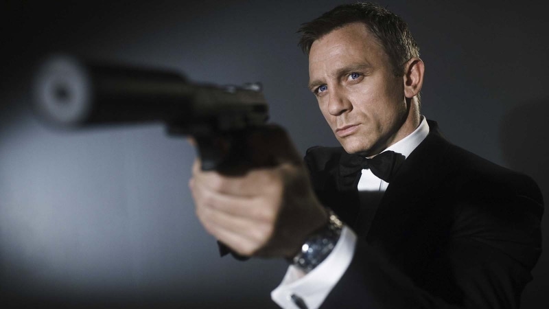 Daniel Craig, headshot, serious, waist up, adult, uniform, James Bond, mature adult, aggression, bow tie, handgun, aiming, mature men, weapon, gun, portrait