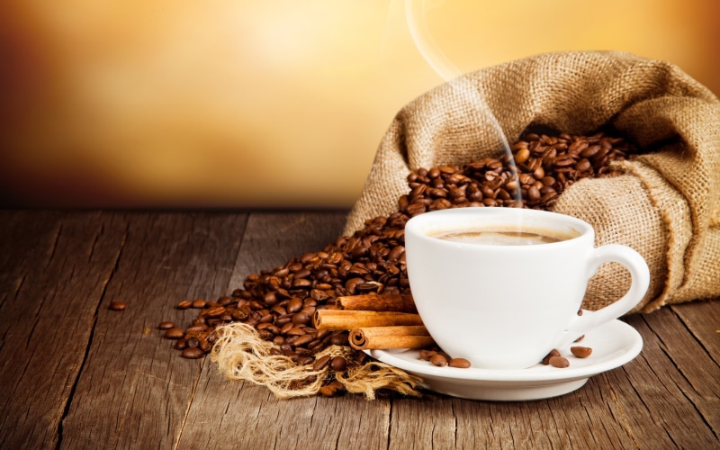 Beans, beside, Saucer, white, sack, teacup, Cup, 2K, ceramic, Cinnamon, photo, Drink, Coffee