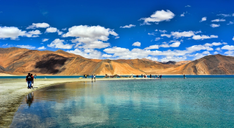 kashmir, scenics - nature, beside, pathway, water, day, travel, ladhak, mountain range, beauty in nature, pangong tso, walking, full length, india, people