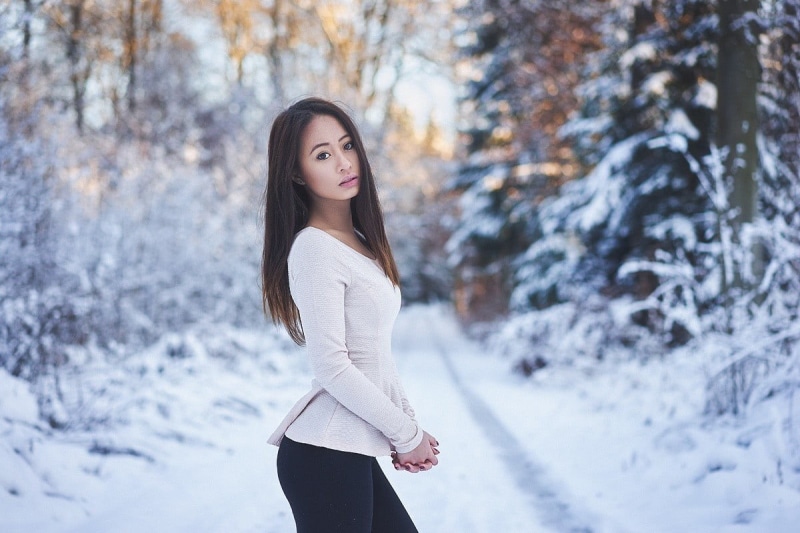 juicy lips, fashion, sleeved, brunette, winter, cold temperature, teenager, adult, beautiful woman, long hair, women, tree, snow, long, scoop, beauty, hairstyle