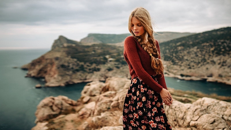 water, beautiful woman, top, fashion, hairstyle, standing, beside, long hair, beach, closed eyes, sleeve, rock, solid, smiling, haired, rock - object, beauty