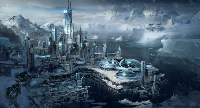building exterior, travel, IUCOP, science fiction, winter, civilization, architecture, smoke - physical structure, Star Citizen, sky, day, water