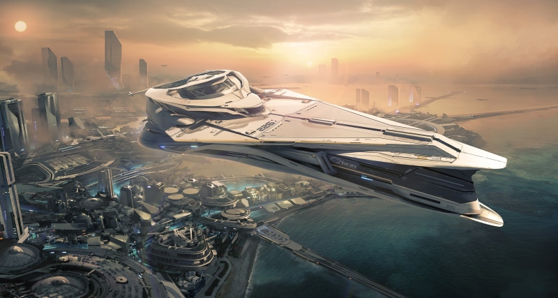 outdoors, building exterior, concept art, spaceship, built structure, Star Citizen, water, sunlight, cityscape, sea, architecture, 4K, sky, nature, one person