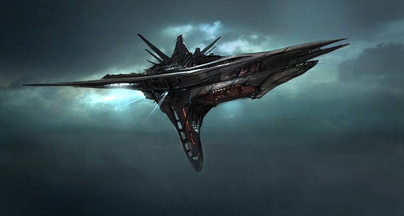 beauty in nature, low angle view, black, spacecraft, grey, nature, reflection, fog, sky, flying, Star Citizen, mode of transportation, no people