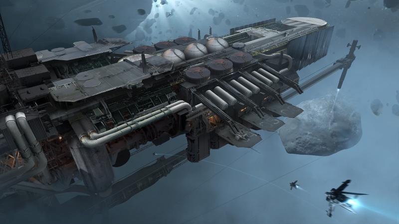 metal, technology, spaceship, smoke - physical structure, winter, air vehicle, 2K, Star Citizen, machinery, mode of transportation, science fiction, high angle view