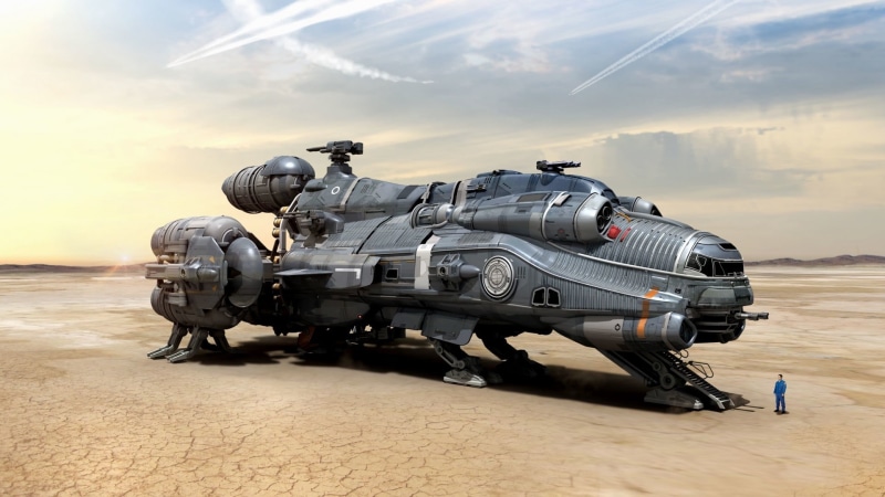 military, sunset, day, sand, Hull C, 1080P, science fiction, digital art, sunlight, clouds, hull, futuristic, travel, single object, technology, no people