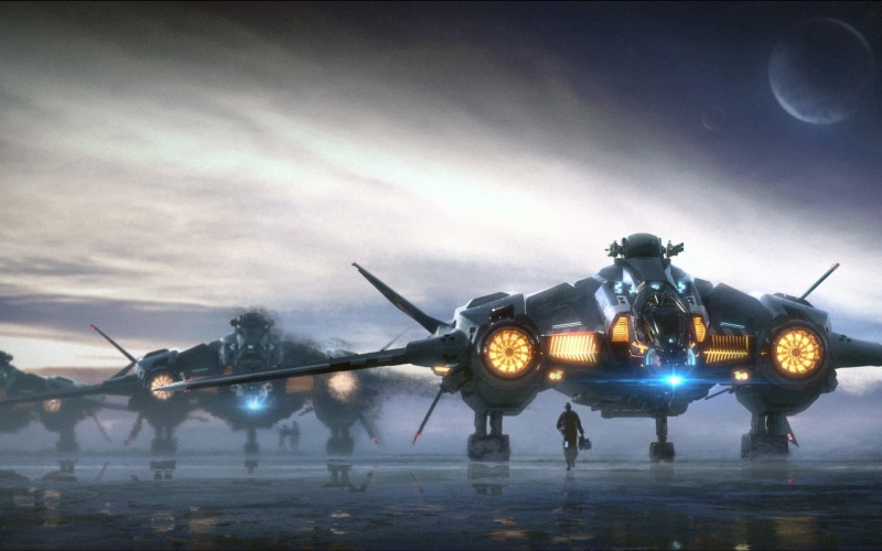 airport, transportation, military airplane, helicopter, air force, armed forces, military, airplane, mode of transportation, outdoors, Star Citizen, fighter plane