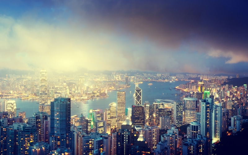 Victoria Peak, victoria, Night, city, peak, river, sky, Buildings, lights, Kong, island, clouds, 2K, Hong
