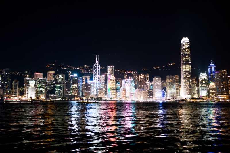 hong kong, building exterior, cityscape, nightlife, waterfront, modern, skyscraper, 4K, water, peak, night, urban skyline, city, night view, built structure