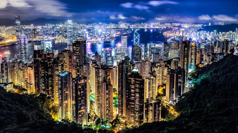 cityscape, tower, city, high angle view, night, victoria peak, building exterior, outdoors, 1080P, china, hong kong, city lights, nature, skyline, luxury
