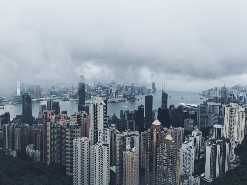 financial district, nature, pollution, aerial, office building, cloud - sky, photography, spire, high rise, city, sky, cityscape, panoramic, modern, buildings