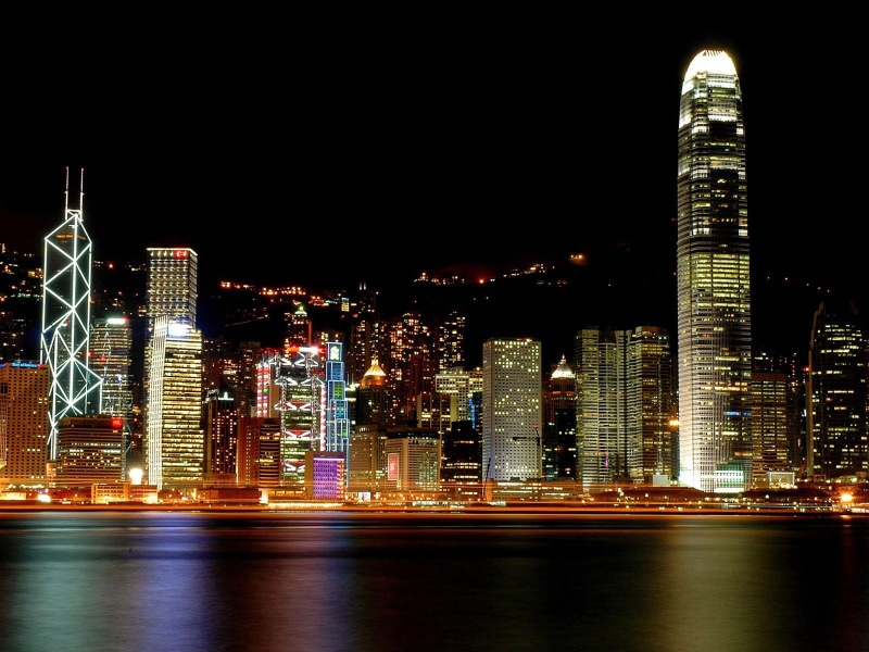 sky, office building exterior, architecture, illuminated, 720P, urban skyline, skyscraper, outdoors, no people, modern, water, building, light, tall - high
