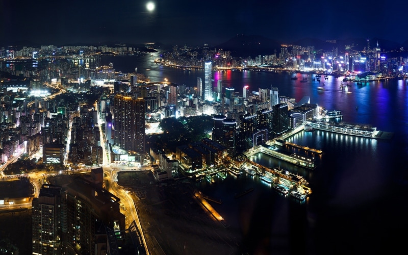skyscraper, city, ports, photography, night, Victoria Harbour, urban, 2K, Hong Kong, harbor, architecture, building, cityscape