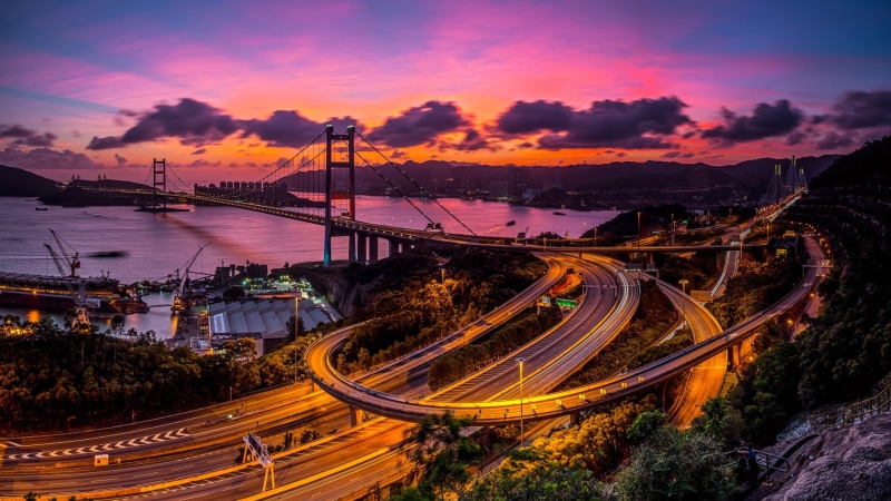 light trail, Tsing Ma Bridge, connection, road, bridge, illuminated, bridge - man made structure, high angle view, way, travel destinations, transportation