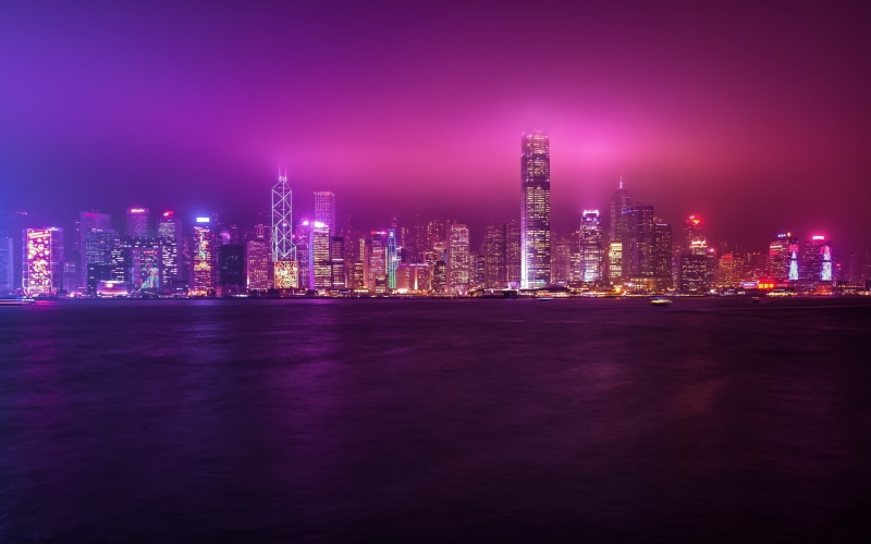 building exterior, Victoria Harbour, nature, illuminated, financial district, building, night, skyscraper, architecture, purple, landscape, sky, no people