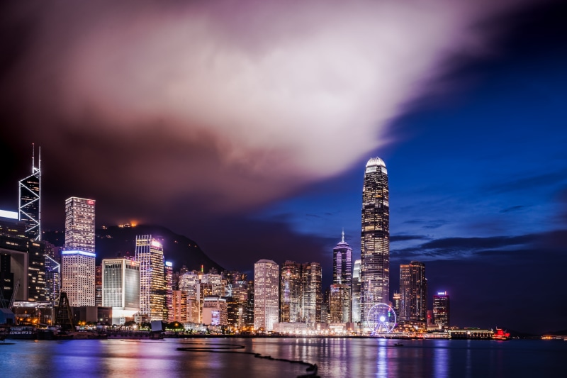 tower, dusk, body, building Exterior, 5K, city, ILCE-7M2, body of water, OSS, view, cityscape, high-rise buildings, sea, harbor, Wanchai, famous Place