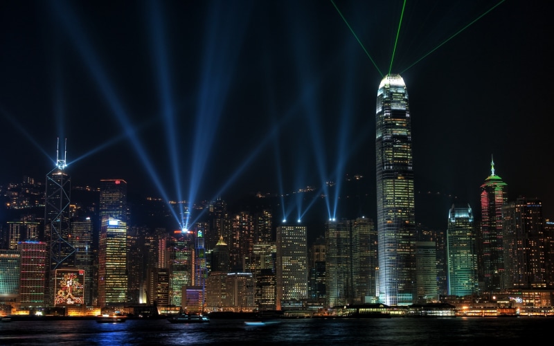 laser, finance, sky, architecture, china - East Asia, building, night, travel Destinations, harbor, illuminated, Hong Kong, famous Place, nightlife, skyline