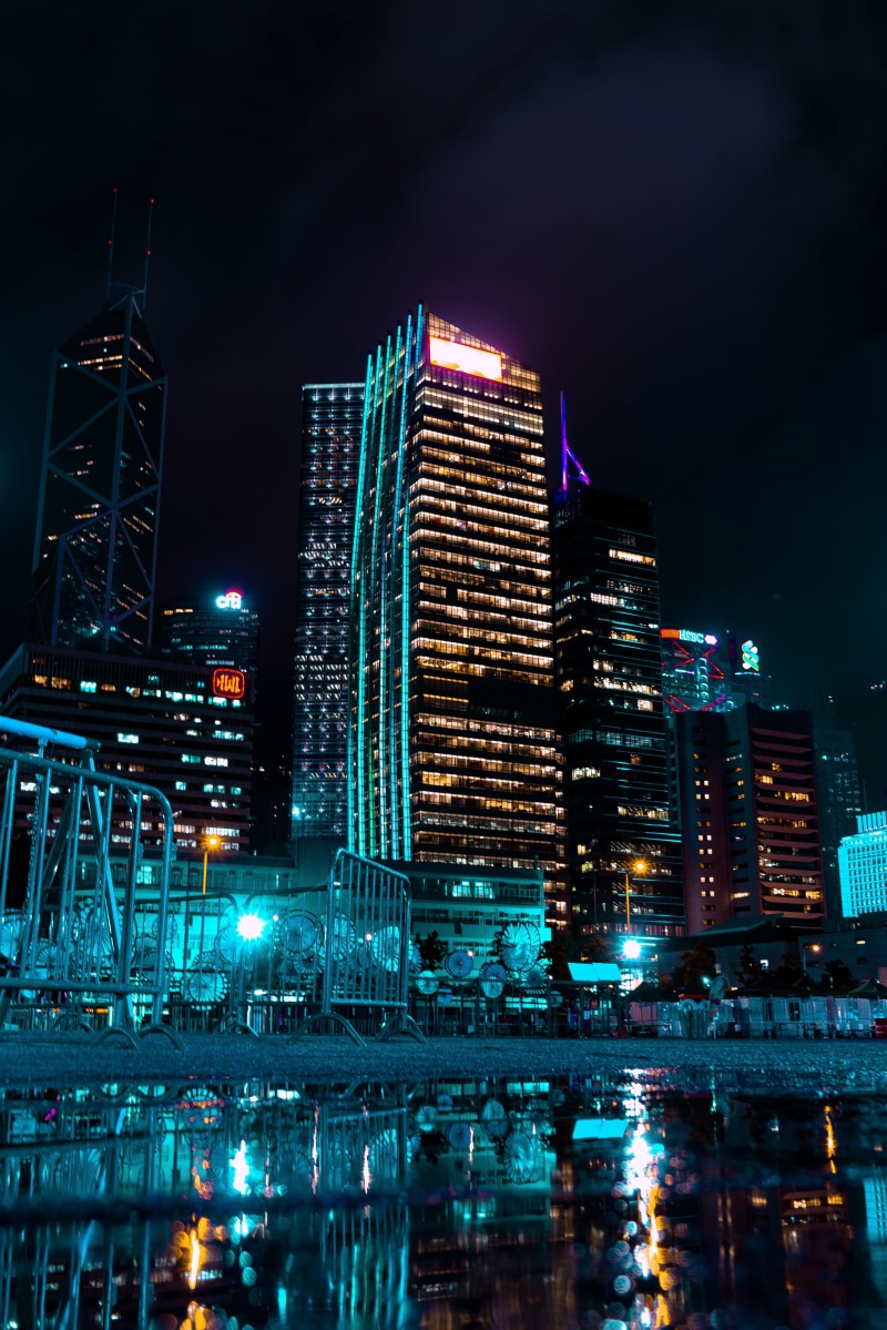 high rise, built structure, no people, sky, waterfront, tower, skyline, downtown, office building exterior, nightlife, water, skyscraper, city, architecture
