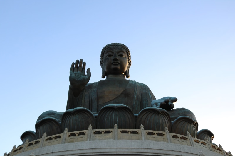 built structure, blue, creativity, statue, belief, exappiah, human representation, lantau island, sky, sculpture, hong kong, art and craft, clear sky, architecture