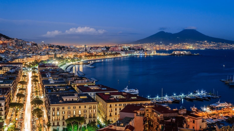 sea, europe, city, residential district, night, dusk, cityscape, building exterior, gulf of naples, vesuvio, mount vesuvius, vesuvius, coast, high angle view
