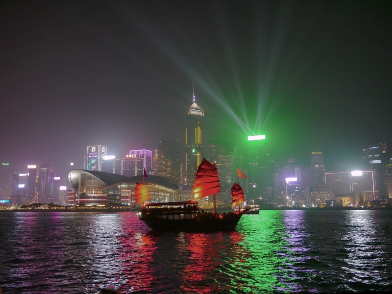 china, office building exterior, hong, explore, laser, asian boat, cityscape, financial district, building exterior, architecture, nautical vessel, asia