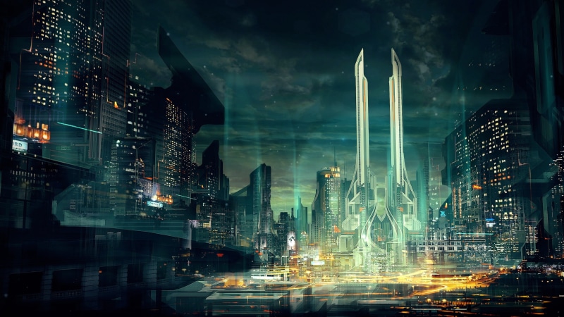 tower, glass - material, new York City, illuminated, night, rise, digital composite, artwork, urban Skyline, light - Natural Phenomenon, finance, financial District
