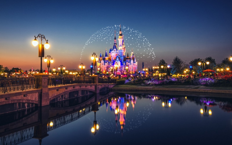 no people, outdoors, built structure, travel, nature, modern, reflection, illuminated, sky, river, travel destinations, castle, tower, fireworks, building