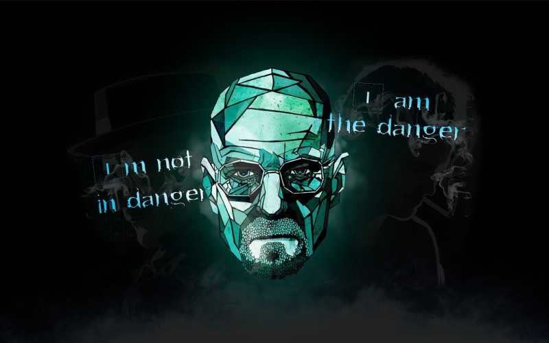 720P, indoors, Breaking Bad, black background, text, studio shot, disguise, mask, representation, Heisenberg, close-up, illustration, dangerous, fantasy art