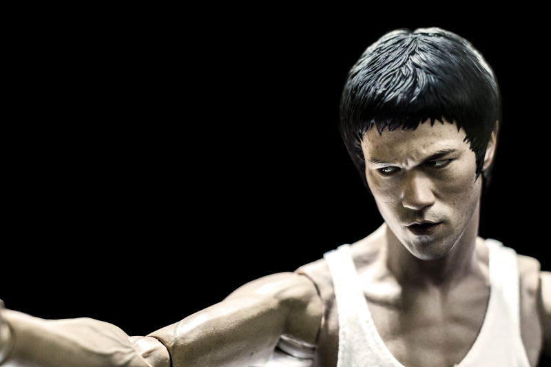 copy space, lee, contemplation, kung fu, focus on foreground, figure, doll, headshot, black, portrait, looking at camera, indoors, young men, fight, 5K