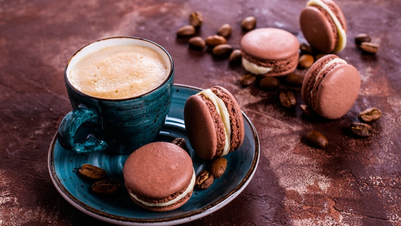 still life photography, macaroon, sweetness, macaron, chocolate, dessert, cup, caffeine, coffee cup, drink, coffee, 4K